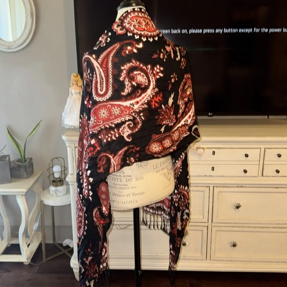 Neck scarf shawl wrap black red maroon white paisley with black braided tassels​ - Picture 7 of 9